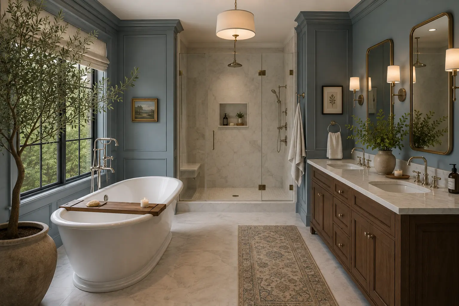 Heritage Wall Works design visualization: Blue Gray Primary Bathroom